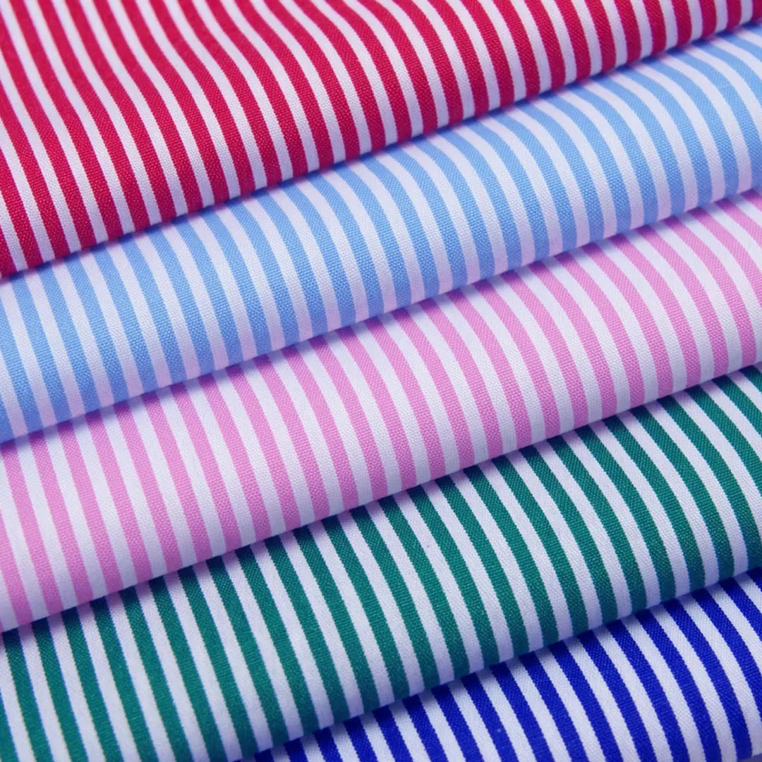 Striped cotton shirt fabrics in red, blue, pink, green and royal blue