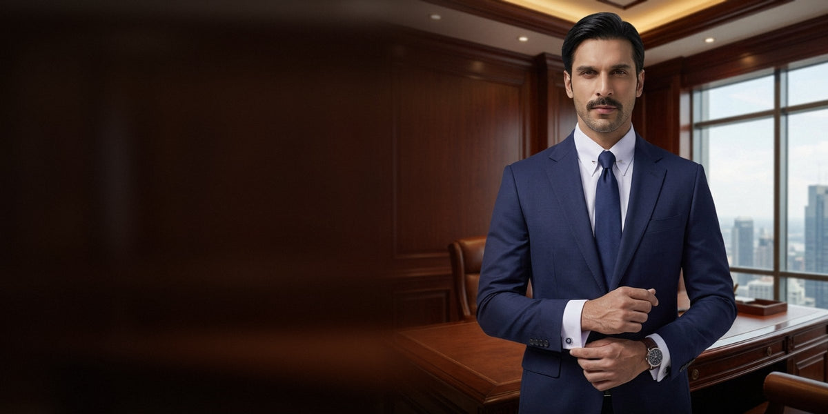 Man in a tailored navy suit and white pin collar dress shirt with French cuffs in a wood-panelled office