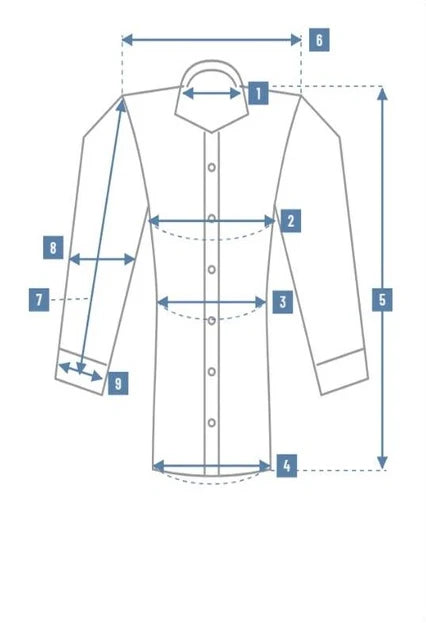 Women shirt measuring points 1 to 9: collar, chest, waist, bottom, length, shoulder, sleeve, upper sleeve and cuff