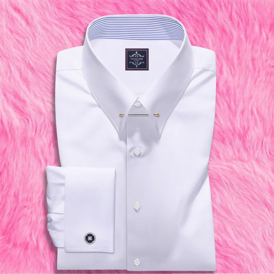 White pin collar dress shirt for men with gold collar bar and French cuffs, folded