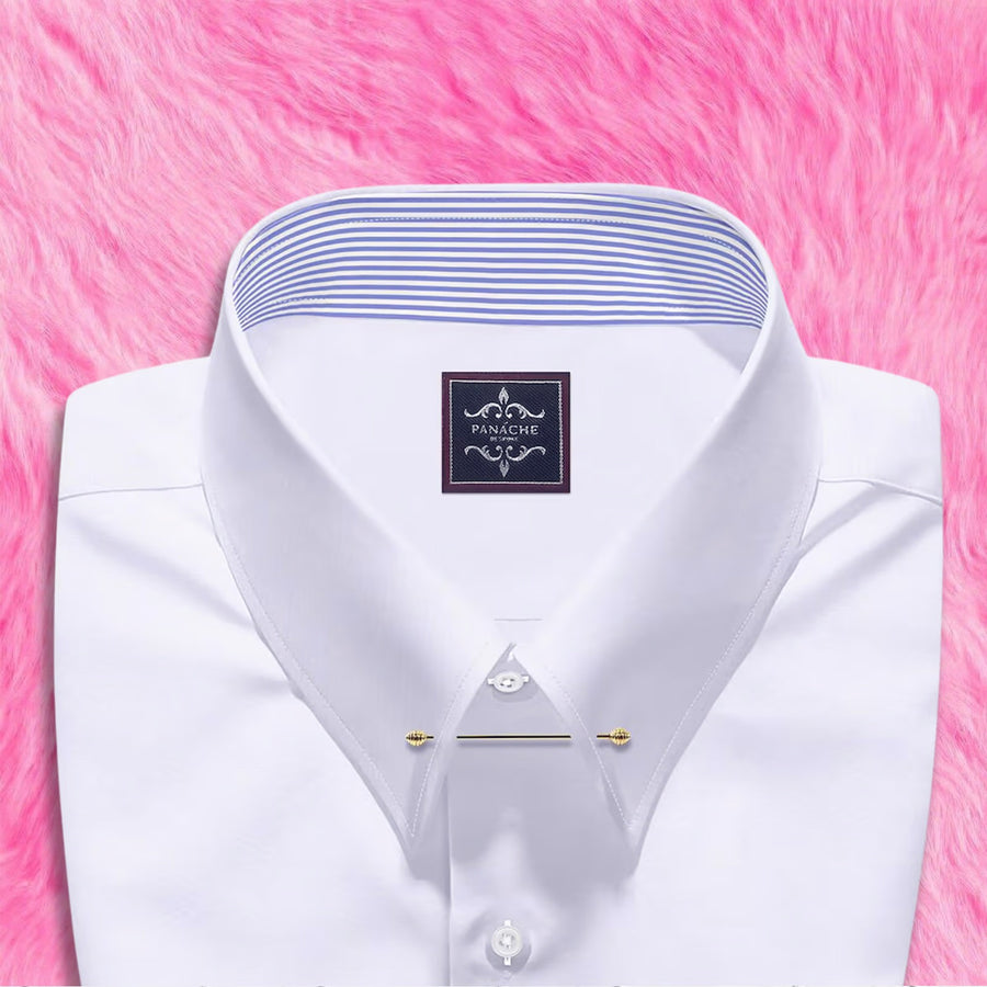 Pin collar close-up with gold collar bar and blue striped inner collar
