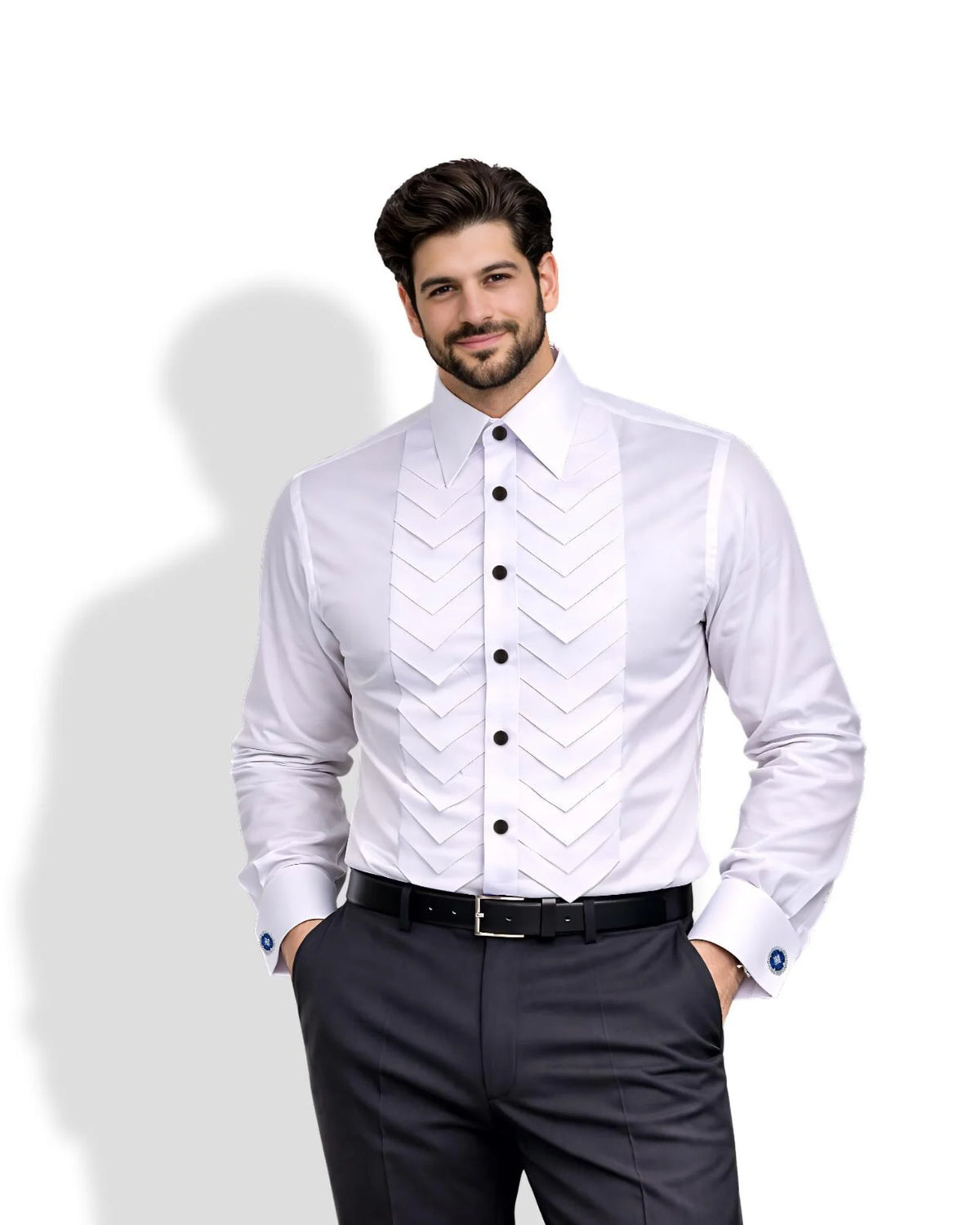 White tuxedo shirt for men with chevron pleated bib front, French cuffs and black buttons
