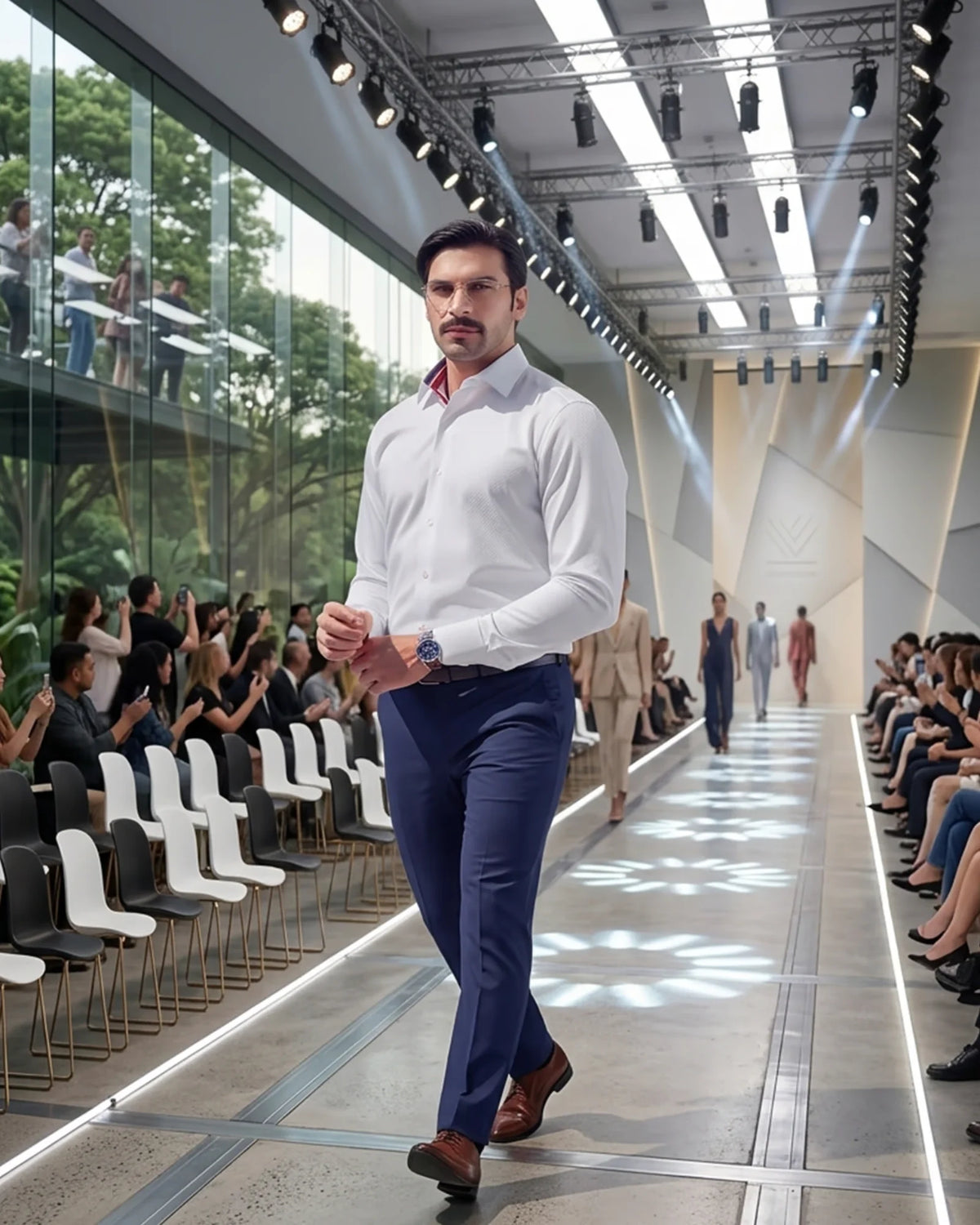 White Giza cotton twill dress shirt worn open-necked with navy trousers on a runway
